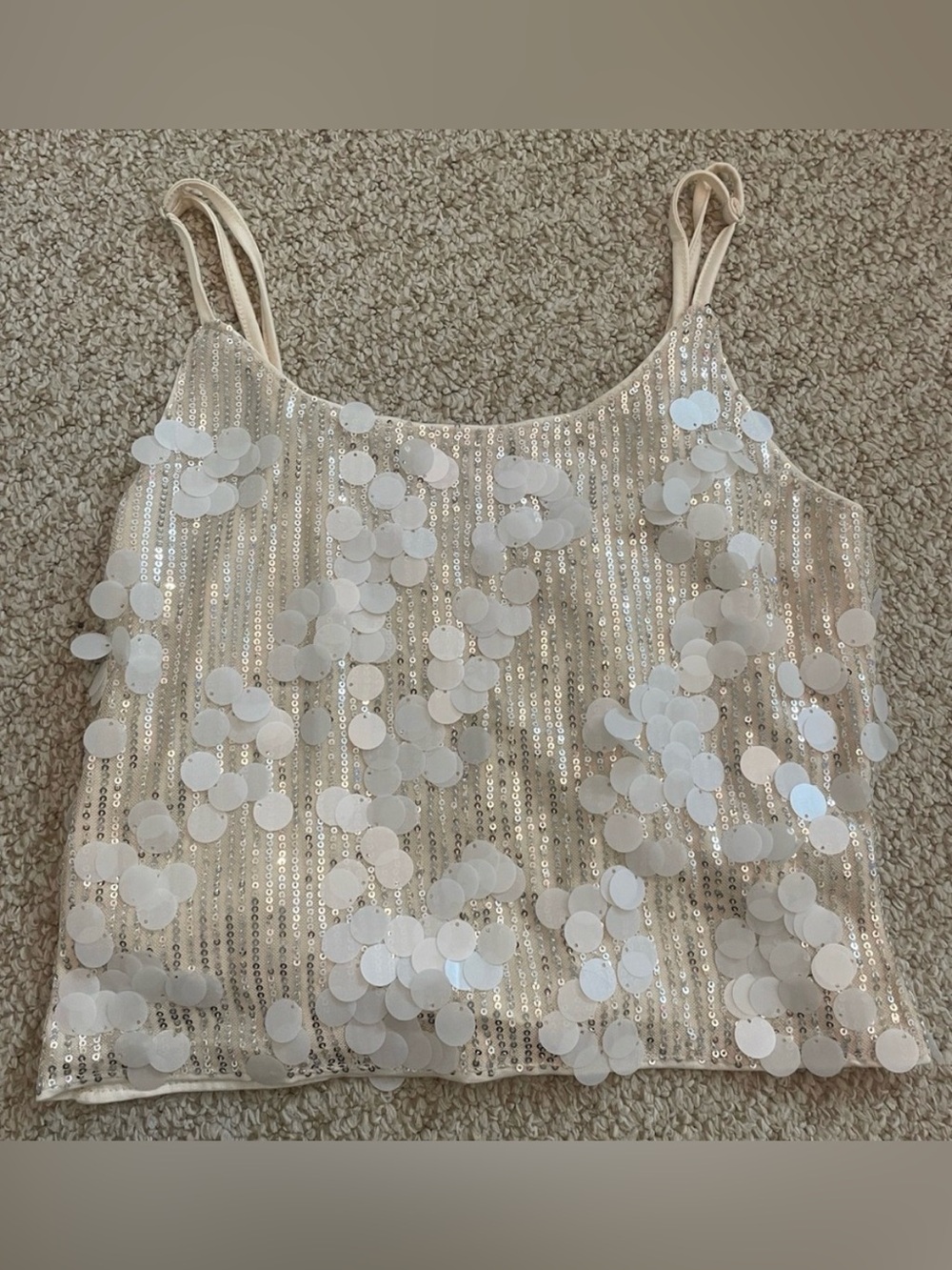 Sequined Ivory Spaghetti Strap Crop Tank Top